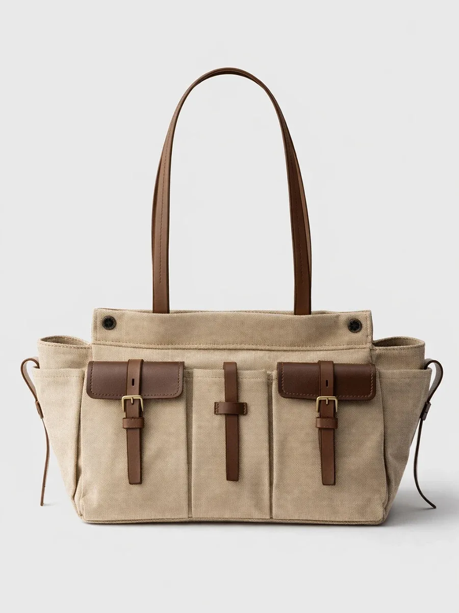 sac fourre-tout de luxe en toile et cuir multi-poches, sac à bandoulière vintage pour femme avec fermeture éclair, sac à main style motard, léger
