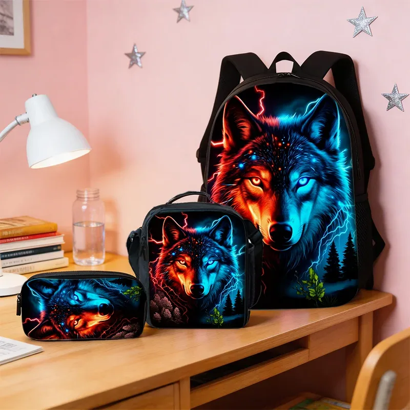 sac dos polyester loup yeux lumineux foudres forêt nocturne bleu rouge voyage décontracté jacquard