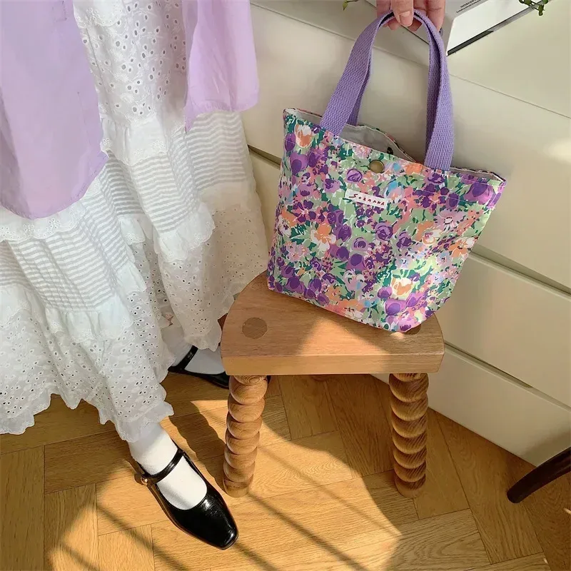 sac de shopping en toile simple pour femmes, sacs à bandoulière pliables, pochette alimentaire de pique-nique, petit fourre-tout, boîte à déjeuner pour étudiants