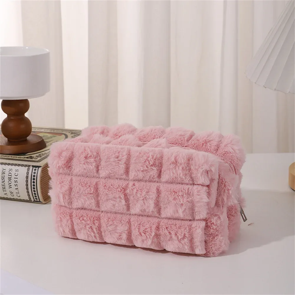 trousse de maquillage en peluche pour femme, sac de rangement cosmétique, rouge à lèvres, brosse, sacs à main chimevalupowers, grande capacité, trousse à crayons