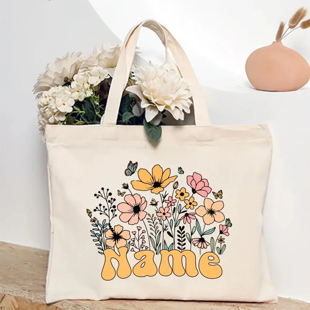 sac fourre-tout personnalisé avec fleur et nom pour femme, sacs à bandoulière en toile, sac de shopping monogrammé, sacs à main, cadeaux d'anniversaire et de mariage pour elle
