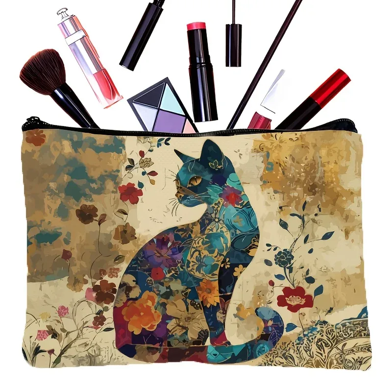 trousse de maquillage légère en polyester à motif de chat floral vibrant avec pochette cosmétique de voyage à fermeture éclair pour femmes, fleurs de design artistique