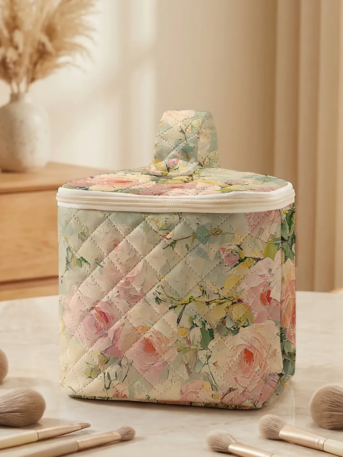 1 pièce, trousse de toilette de voyage portable avec motifs de roses, sac de rangement de voyage de grande capacité, trousse de maquillage mignonne et élégante