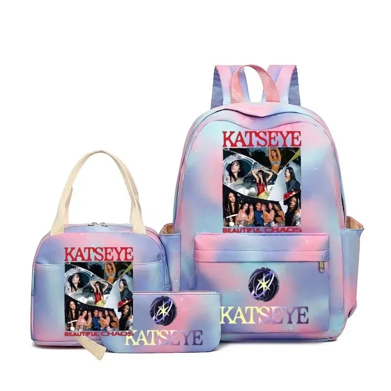 nouveaux sacs à dos katseye à imprimé amusant, 3 pièces/ensemble, sac d'école pour étudiants, sac de voyage pour adolescentes et garçons, sacs à lunch, sac à dos
