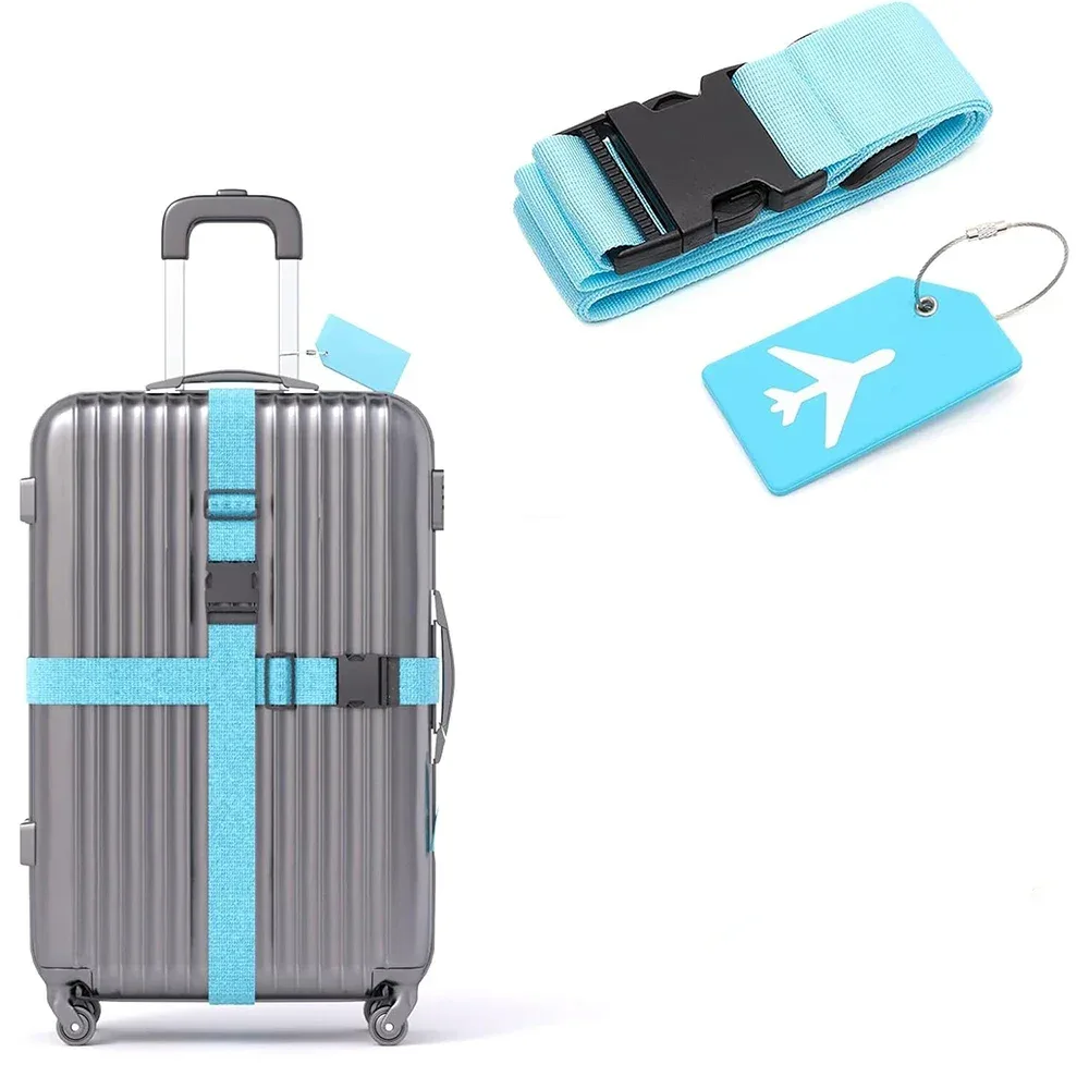 ceinture bagage nylon motif avion blanc fond rose voyage adaptation taille valises couleurs variées étiquette tag correspondant
