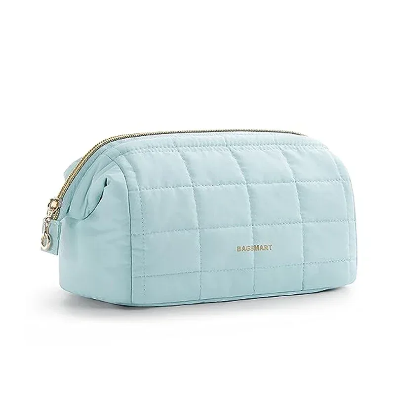 trousse toilette cosmétique taslan rose motif coutures quadrillées rectangulaire glissière dorée voyage femmes maquillage