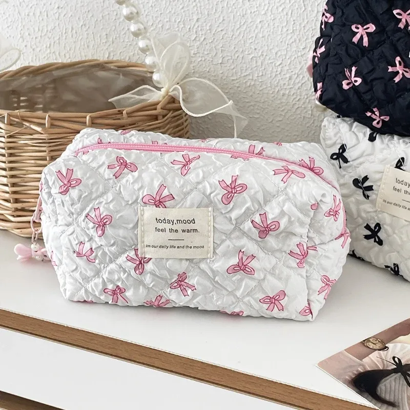 pochette carrée pour femmes, sac de maquillage, portable, mignon, pochette de rangement de cosmétiques et de toilette, sac à main imprimé avec nœud, sac à fermeture éclair