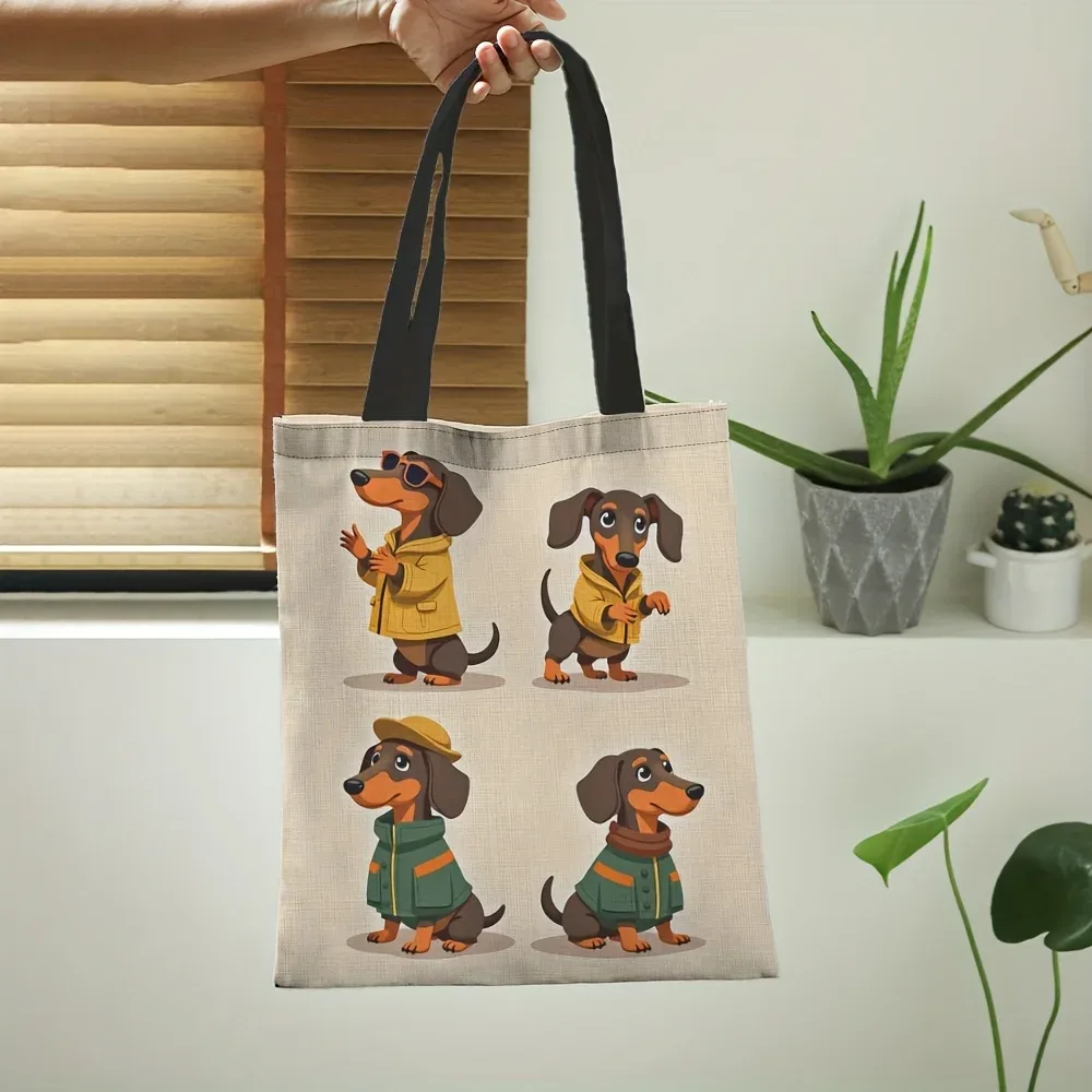sac fourre-tout imprimé chien teckel, motif chien saucisse mignon avec visage de teckel, sac à dos durable pour les courses et le rangement