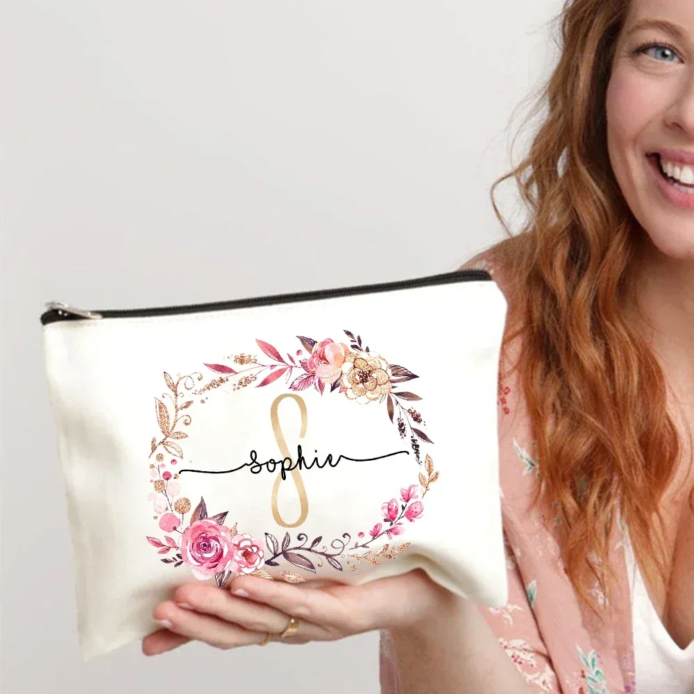 trousse de maquillage personnalisée avec initiale et nom, étui à cosmétiques pour patients, monogramme en toile, poudres de toilette, cadeaux d'anniversaire, de mariage, de demoiselle d'honneur