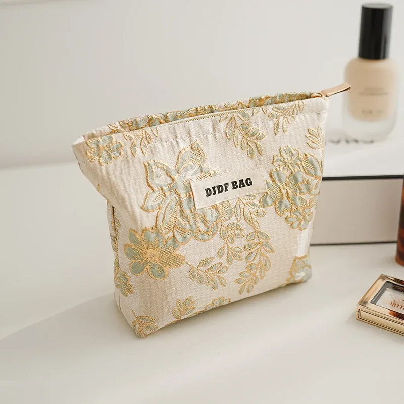 trousse polyester motif floral fleurs roses vertes fond blanc fermeture éclair voyage femmes cosmétiques maquillage sac rectangulaire