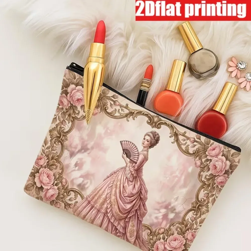 pochette cosmétique vintage rococo pour femme, imprimée en 2d sur toile, pochette à fermeture éclair, cadre rose victorien, sac de maquillage portable de voyage