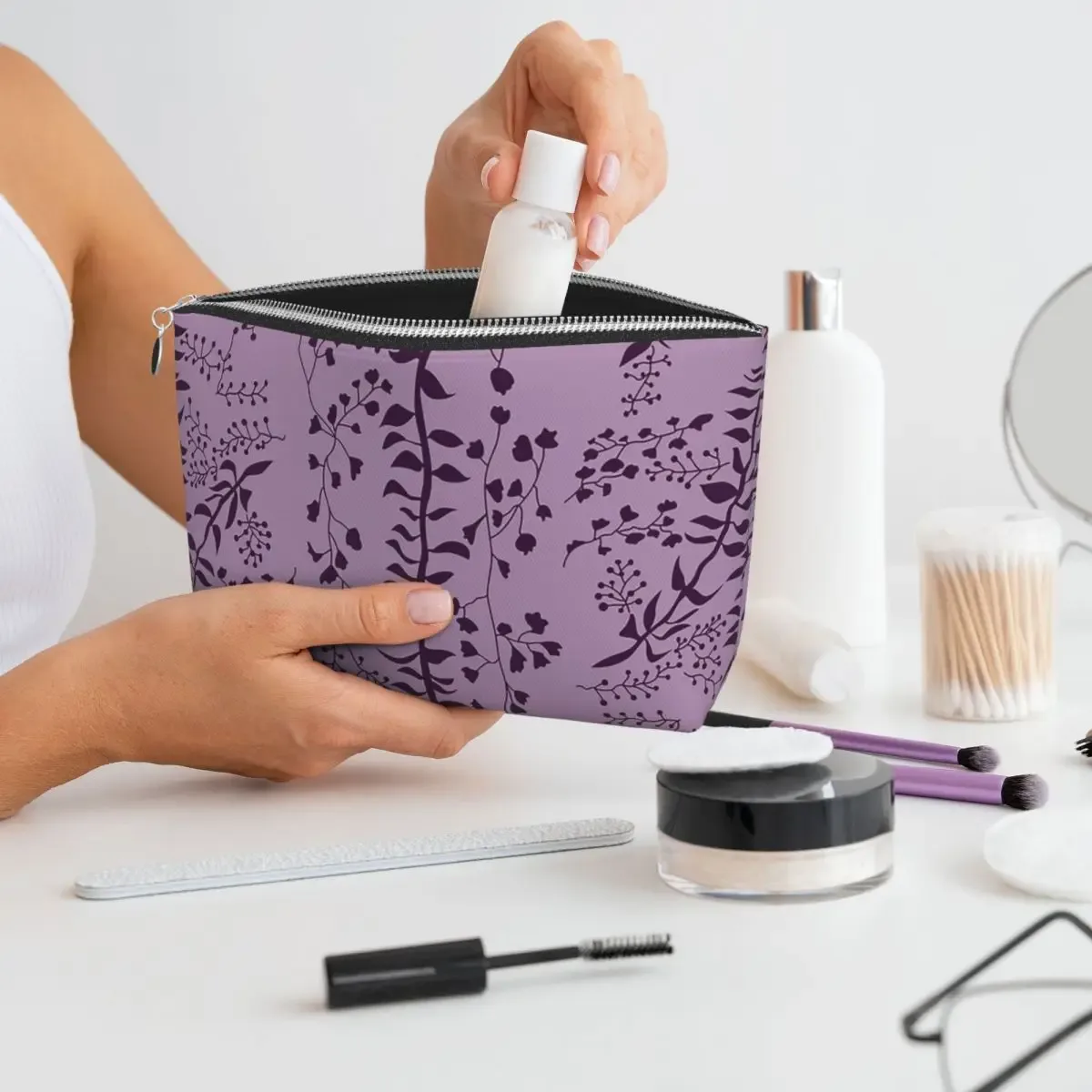 Trousse Cosmétique PVC Motif Floral Noir Fond Violet Clair Voyage Maquillage Organisation Sac Toilette