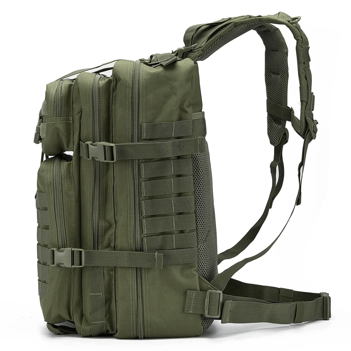 sac dos polyester olive bandes noires compartiments fermetures éclair sangles ajustables survie plein air trekkings chasse hommes