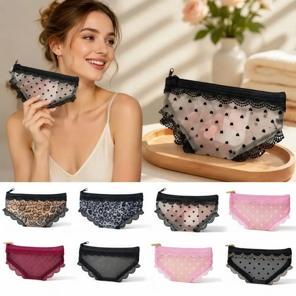 pochette de rangement cosmétique unique en forme de slip, en dentelle et maille, motif cœur, style y2k, transparente, pour maquillage et articles de toilette, idéale pour le voyage