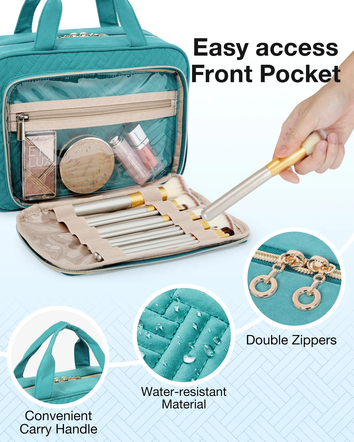 trousse toilette pvc turquoise géométrique bandes dorées poignée amovible compartiments zips voyage cosmétiques maquillage