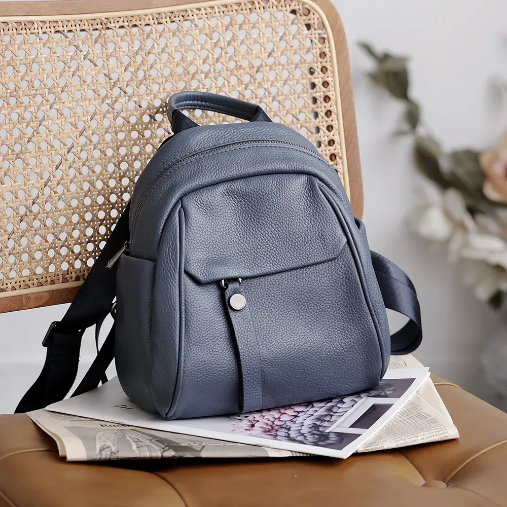 sac à dos portable en cuir véritable pour adolescente, sac à dos en peau de vache souple, sac à dos pour femme, bleu simple, 2 tailles, haute qualité, nouvelle mode