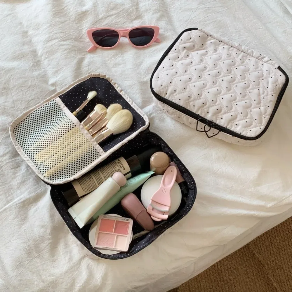 trousse de toilette matelassée à pois pour femme, grande capacité, sac de maquillage de voyage, organiseur de toilette à fermeture éclair, étui de rangement multifonctionnel pour produits de beauté