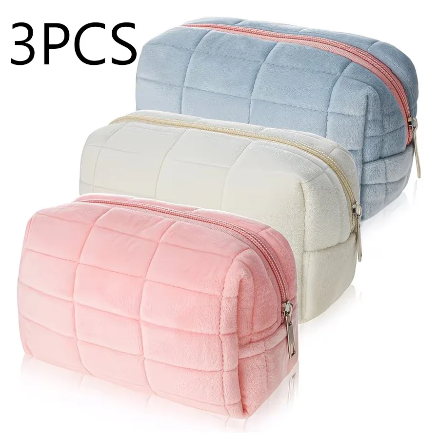 pochette polyester rose claro carreaux blancs zip voyage cosmétiques rangement multifonctionnement portable mignonne pinceaux maquillage femmes