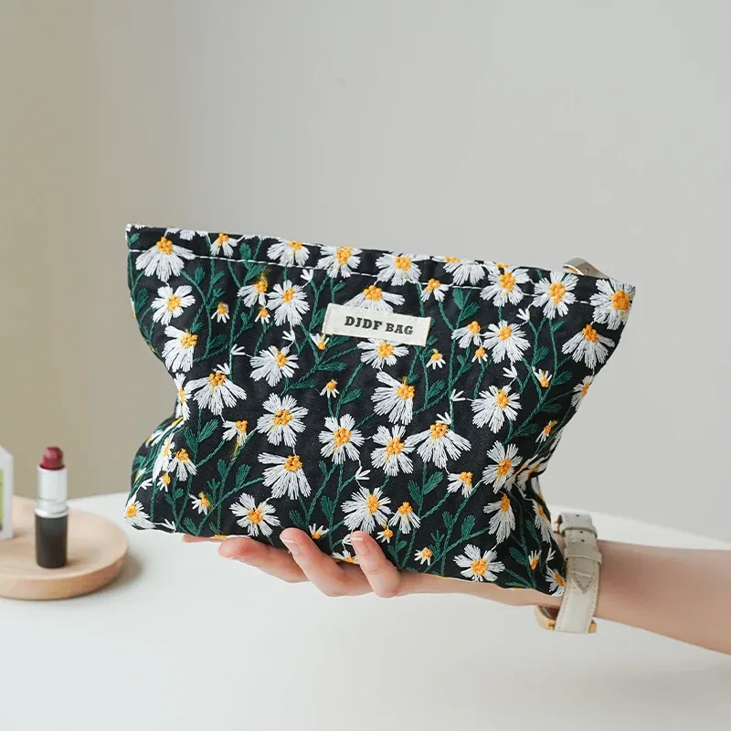 trousse de maquillage pour femmes, bouquet bleu, serviette hygiénique de grande capacité, retouche, fournitures de maquillage, sac de rangement en toile, trousse de toilette