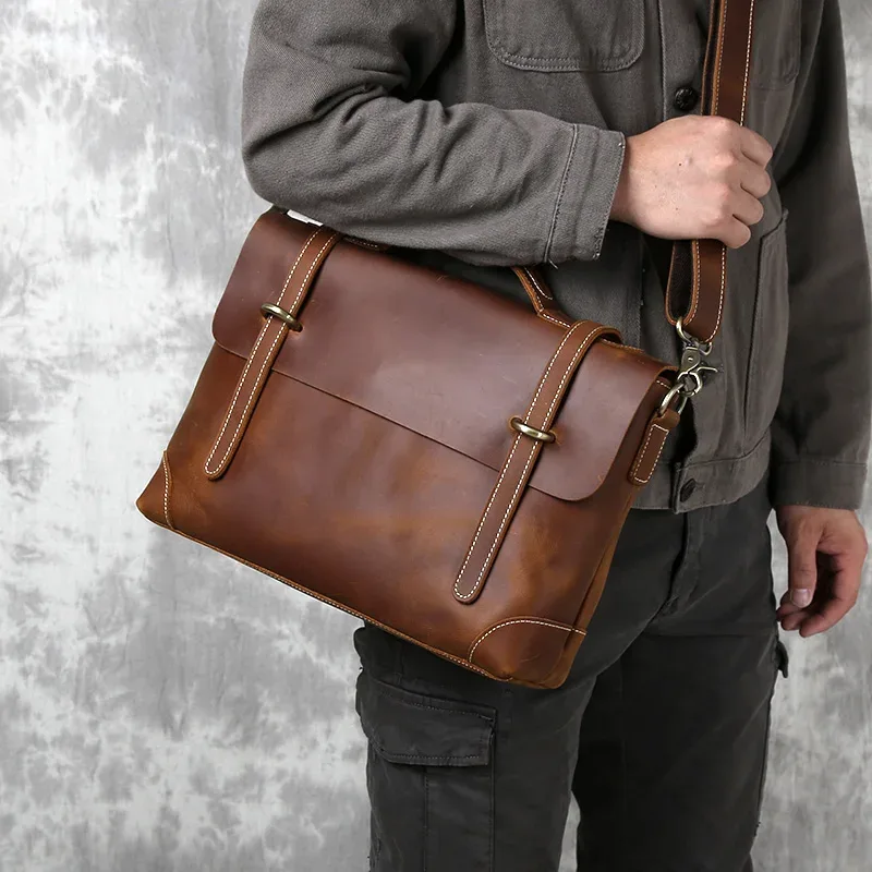 sac à main rétro en cuir pour hommes, sac à bandoulière avec couche supérieure en cuir de vache, porte-documents crazy horse, sacoche d'ordinateur de grande capacité, nzpj