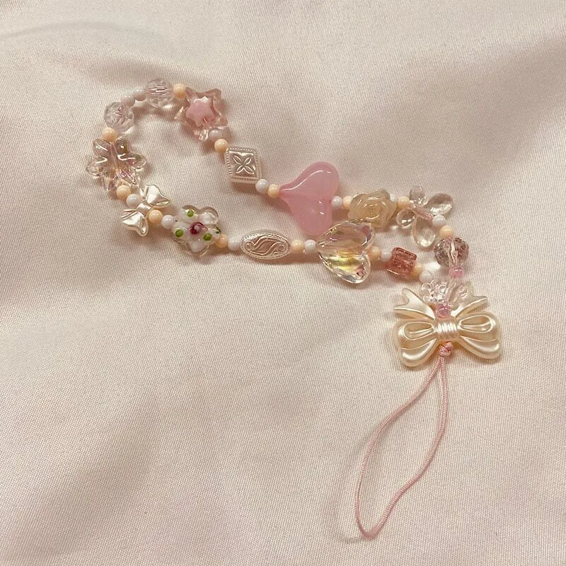 chaîne de téléphone, cordon de sac, porte-clés, breloque de sac à dos, cadeau, version coréenne, avec motifs fleurs de cerisier roses, nœuds d'amour et perles