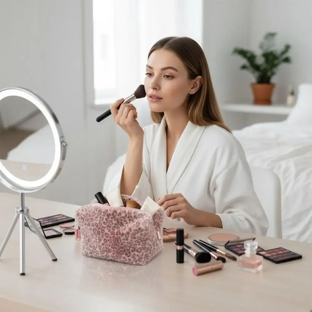 organisateur de toilette de voyage grande capacité, trousse de maquillage portable à imprimé léopard pour femmes, pochette de rangement durable