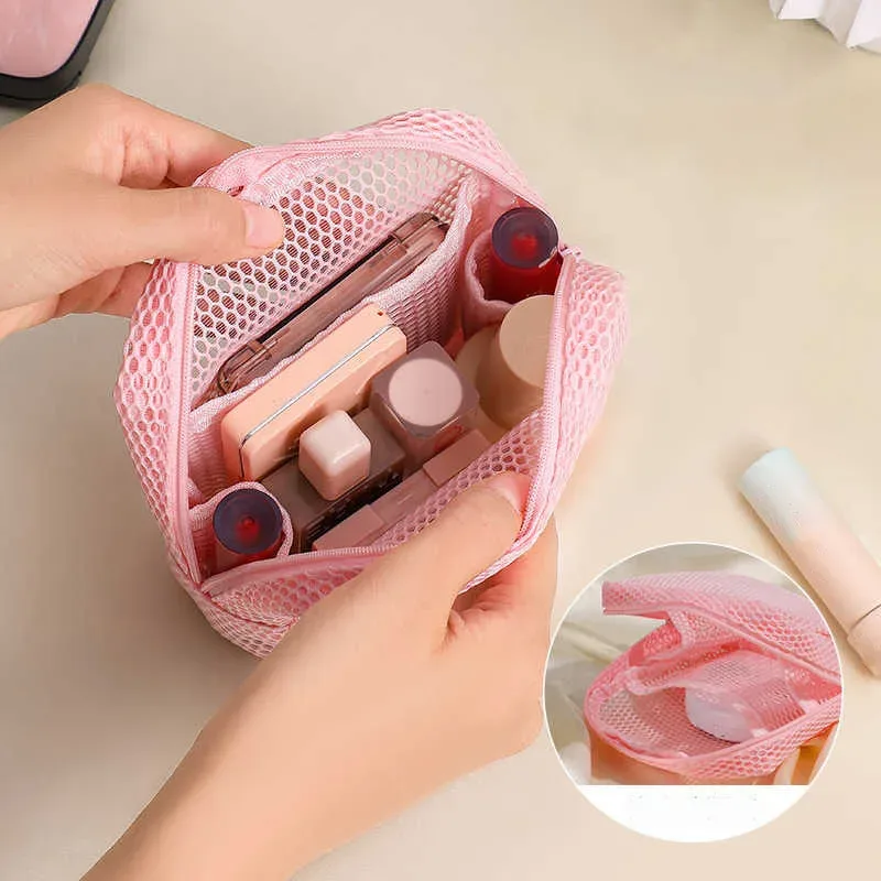 petit sac de maquillage en maille pour femmes, pochette carrée transparente et légère, organisateur de cosmétiques de voyage pour rouge à lèvres et étui à coussin