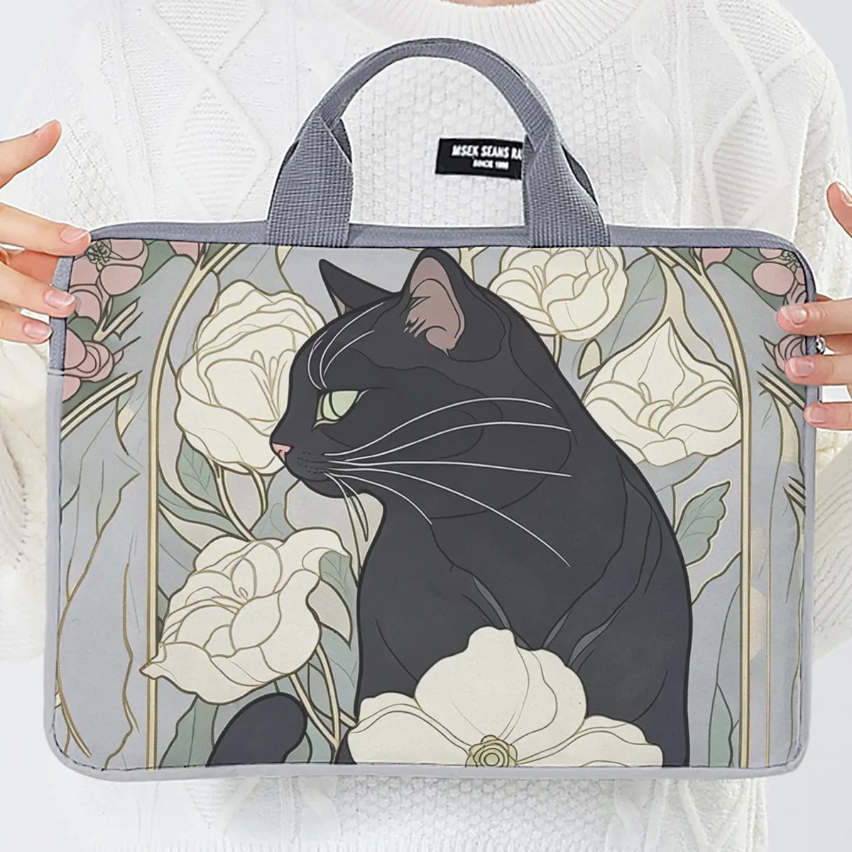 housse ordinateur portable impression chat noir fleurs polyester protection voyage travailler transport document travail