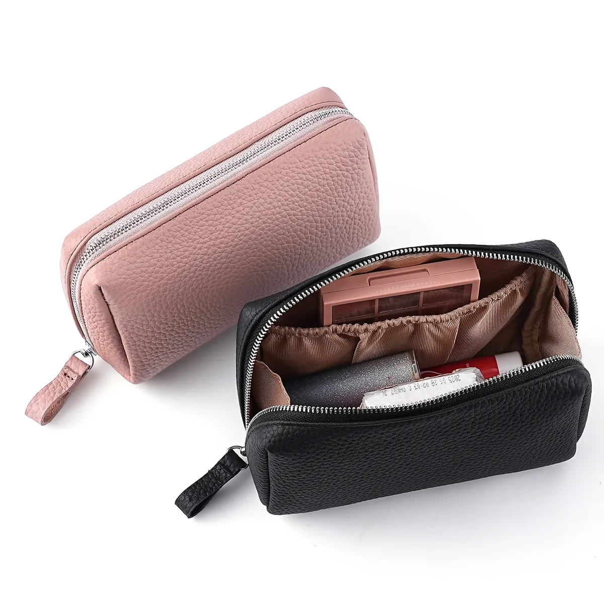 trousse de toilette de voyage en cuir pour femme, mini pochette cosmétique avec 3 compartiments, trousse de maquillage facile à nettoyer pour sac à main