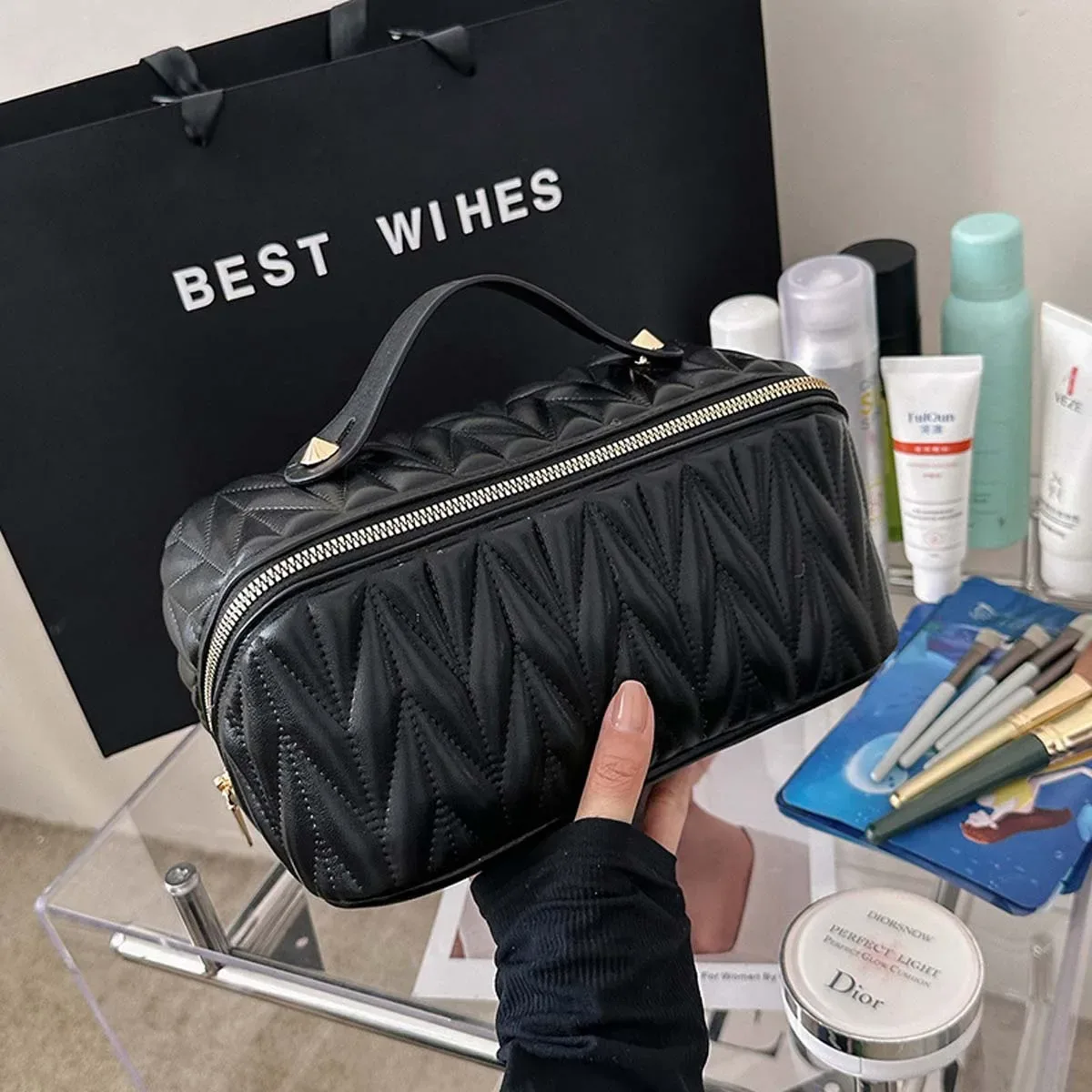 trousse de maquillage en pu de qualité supérieure, grand niveau d'apparence, trousse de toilette de voyage à la mode, nouveau sac de rangement de cosmétiques de couleur unie