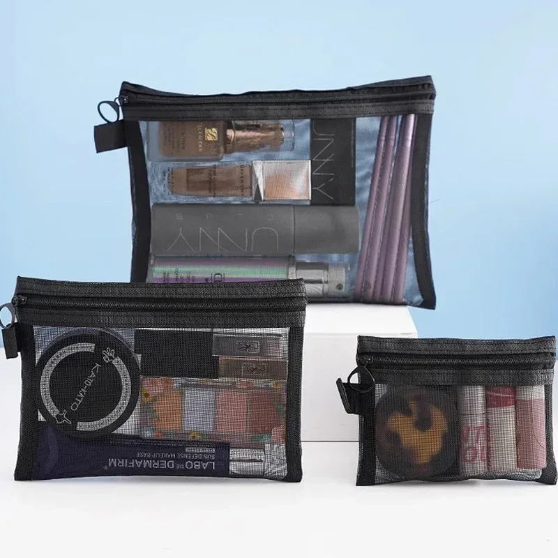 sacs cosmétiques en maille transparente, petits et grands, noirs, trousse de maquillage portable, organiseur de voyage, pochette de rangement pour rouge à lèvres, 1/3 pièces