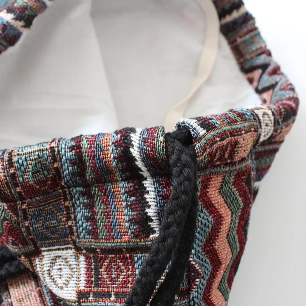 sac à dos en tissu pour femme 2026, style bohème chic, ethnique, tribal, ibiza, gypsy, aztec, doux, marron, avec cordon de serrage
