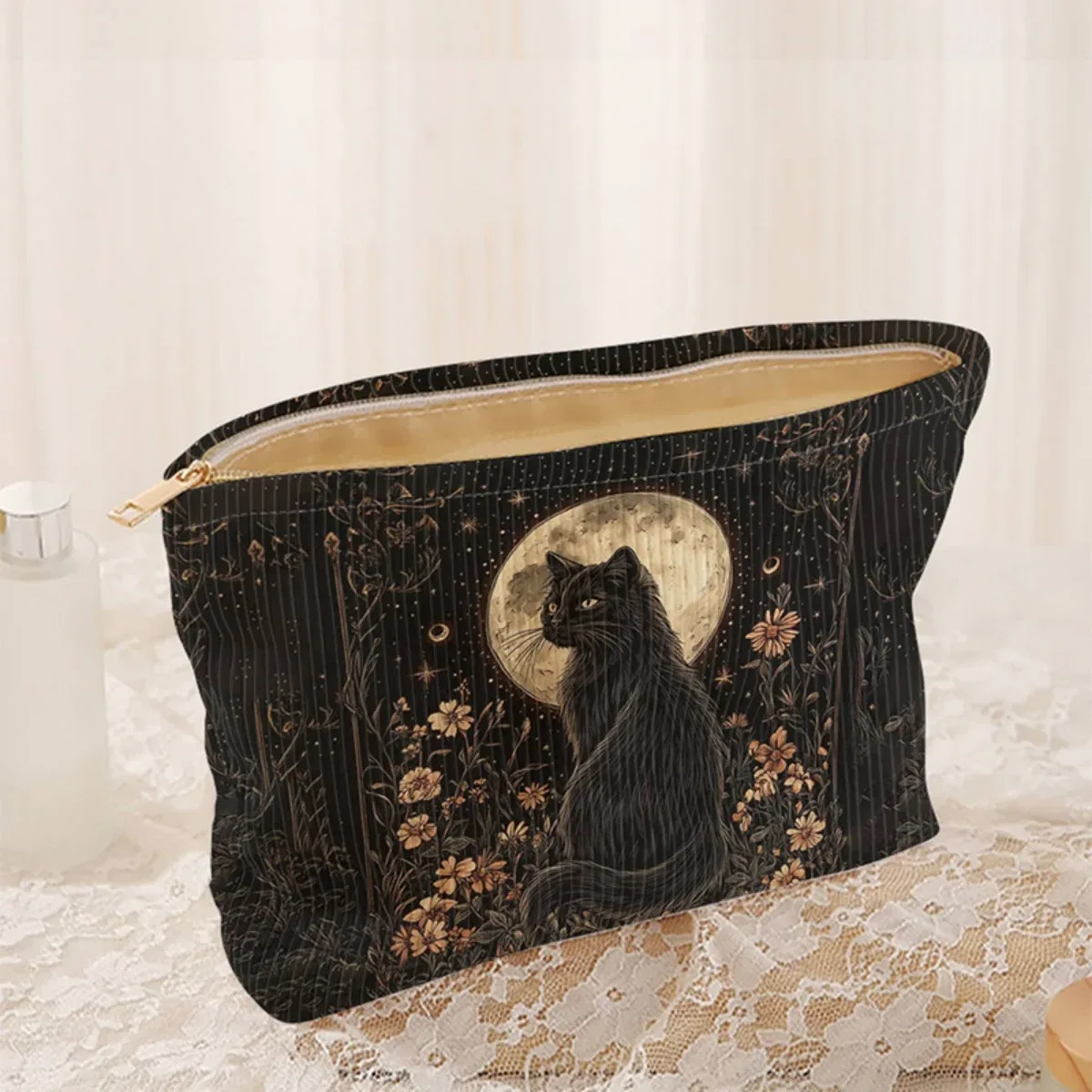 trousse de maquillage en velours côtelé à motif chat, boîte de rangement légère à fermeture éclair, sac multifonctionnel avec doublure, utilisé pour ranger les cosmétiques