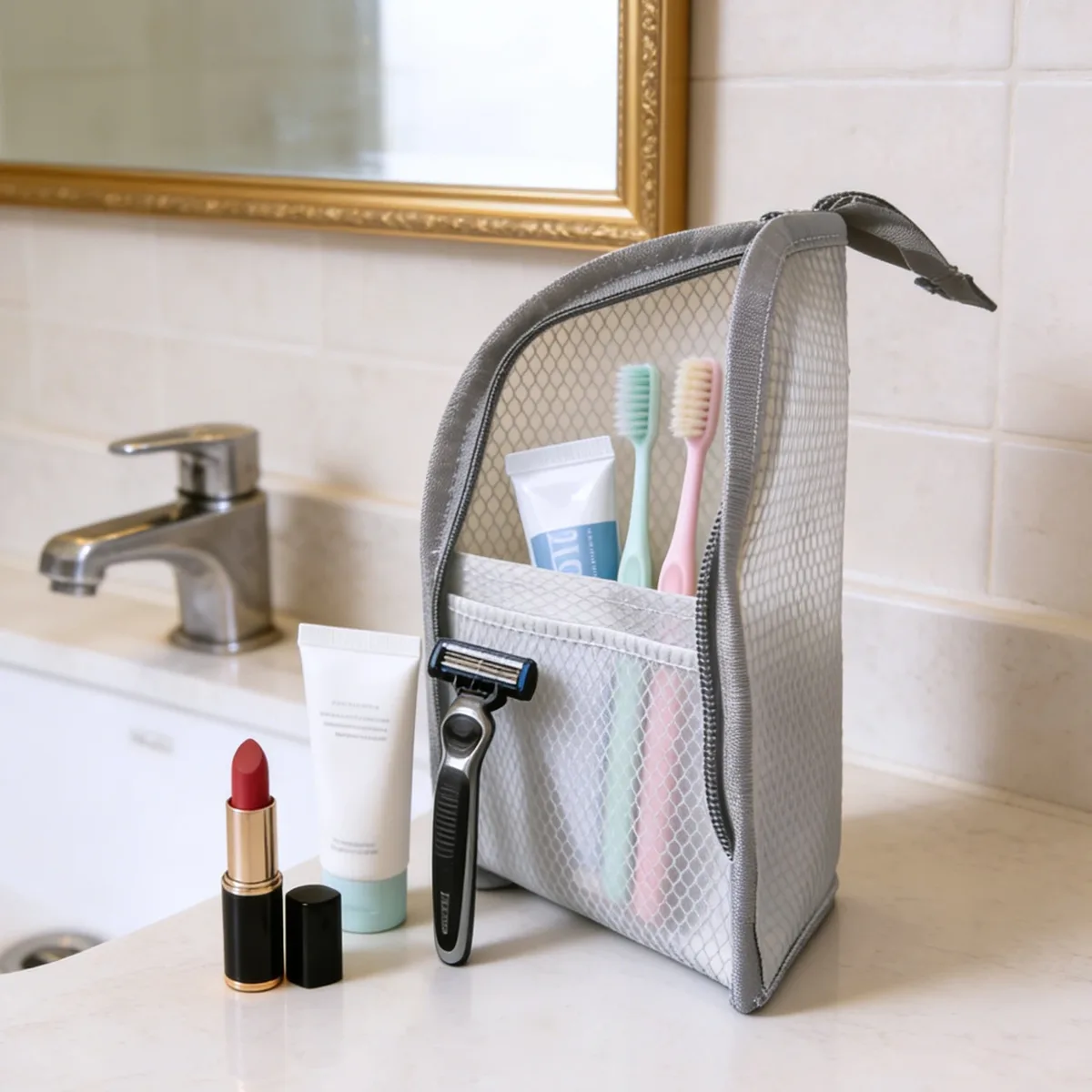 sac de toilette de voyage en maille, organisateur de cosmétiques respirant, pochette portable à fermeture éclair pour ranger le dentifrice et la brosse à dents dans la salle de bain