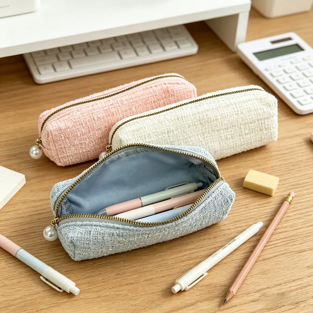 Organisateur Cosmétiques Coton Tweed Perles Dorées Sac Ovale Fermeture Éclair Voyage Polyvalent Trousse Maquillage Étudiants Escapades
