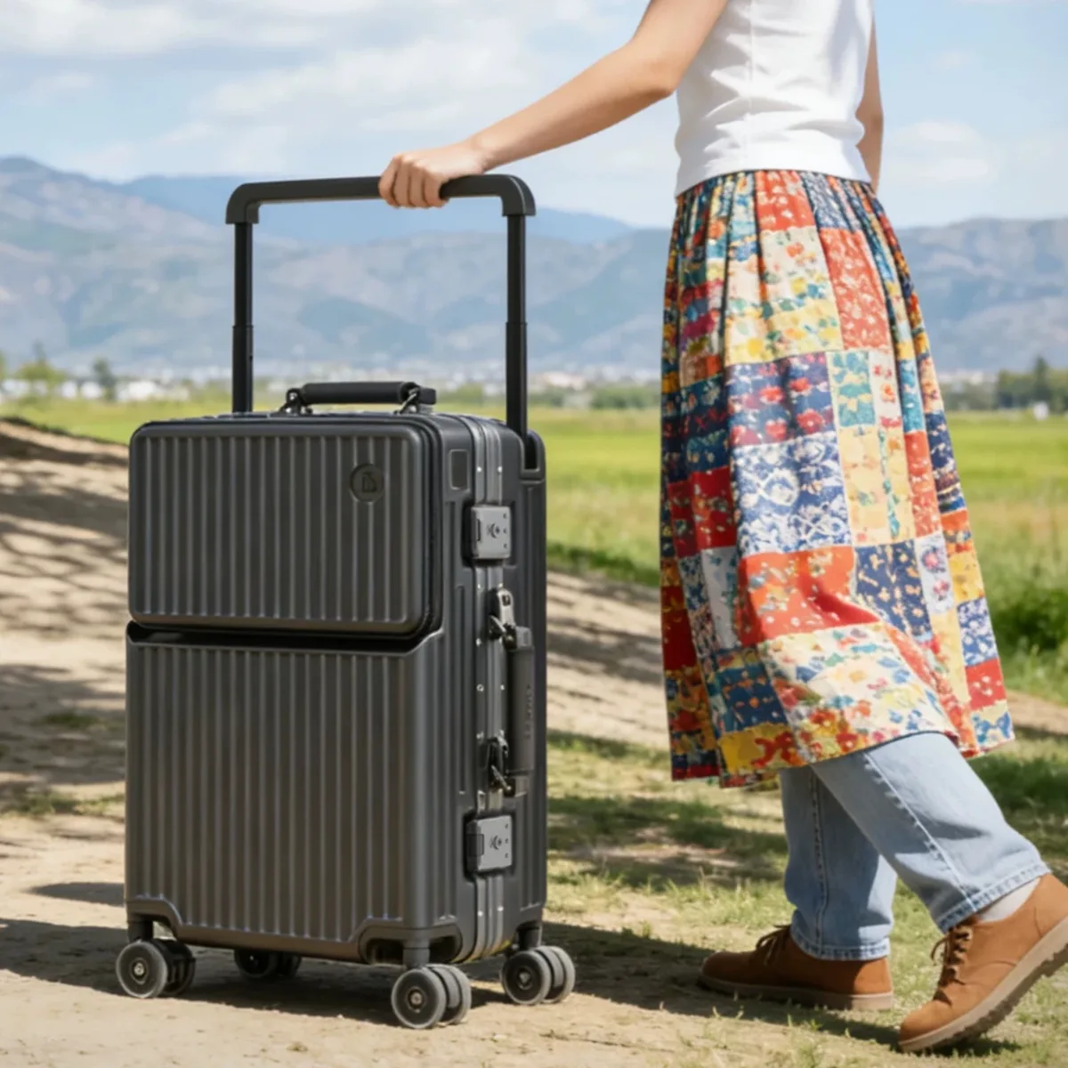 valise à ouverture frontale avec poignée large, cadre en aluminium, serrure tsa, coque rigide, bagage à roulettes 20 pouces, bagage cabine pour voyage