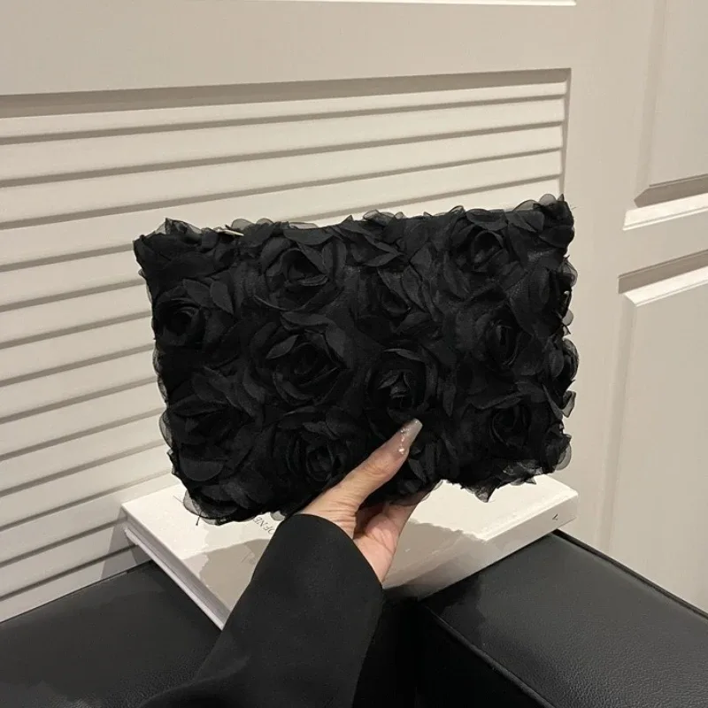 sac de maquillage portable noir pour femmes, grande capacité, dentelle blanche, fleurs, pochette cosmétique, sac à main pour dames, sac de rangement de toilette de voyage