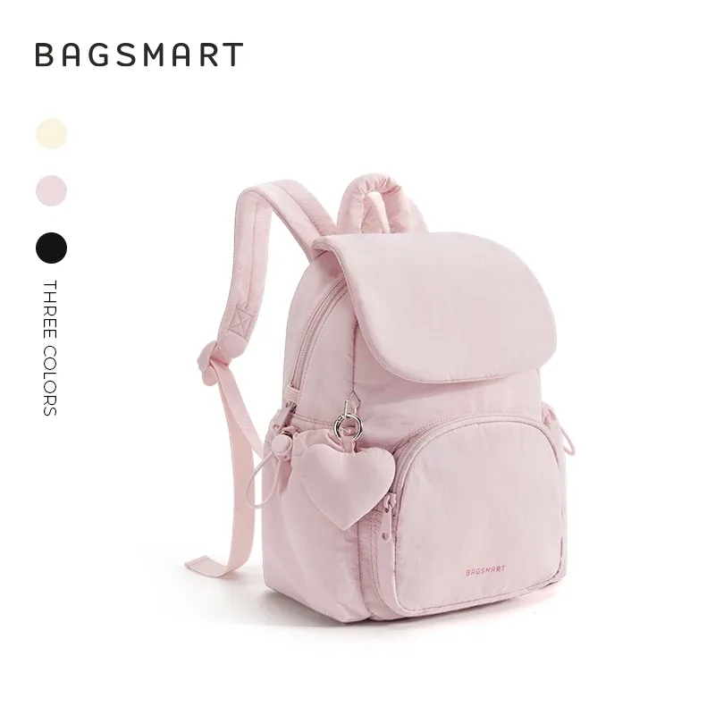 sac dos nylon rose clair poche avant rabat souple imperméable compartiment informatique usage universitaire école bureau voyage