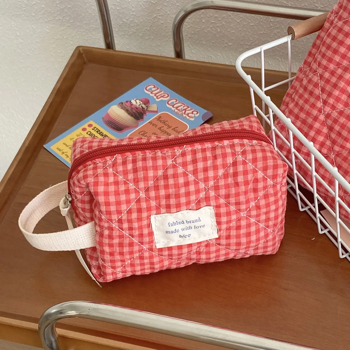 sac à cosmétiques vintage à fleurs pour femmes, pochette à carreaux mignonne, trousse de maquillage de voyage, petits sacs à main matelassés en coton à fleurs