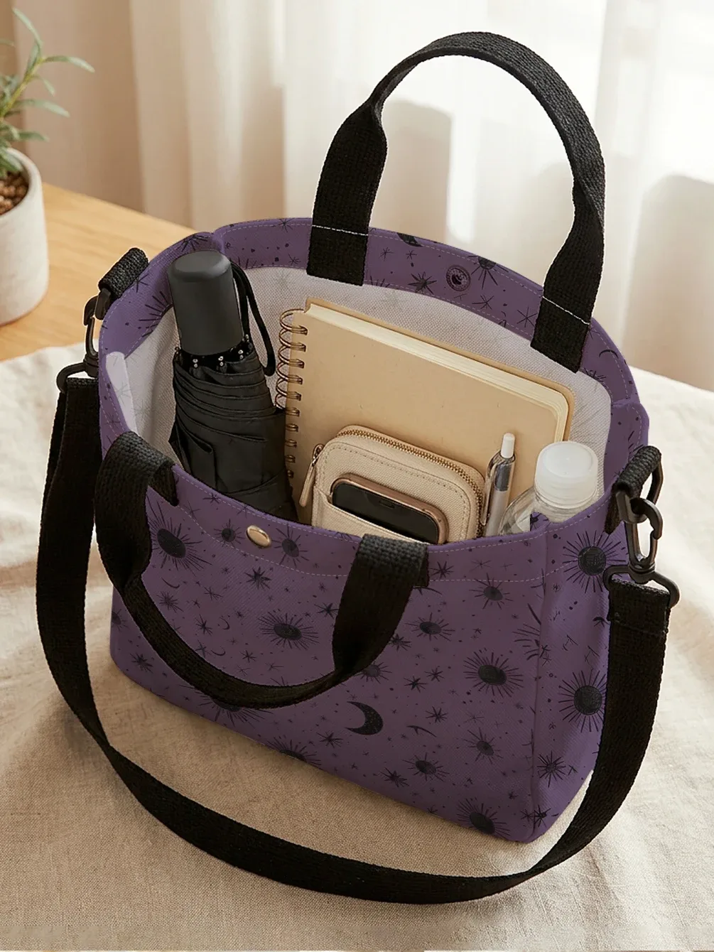 Sac fourre-tout violet imprimé soleil, lune et étoiles, avec bandoulière amovible, sac à main pour femme, pour les courses quotidiennes