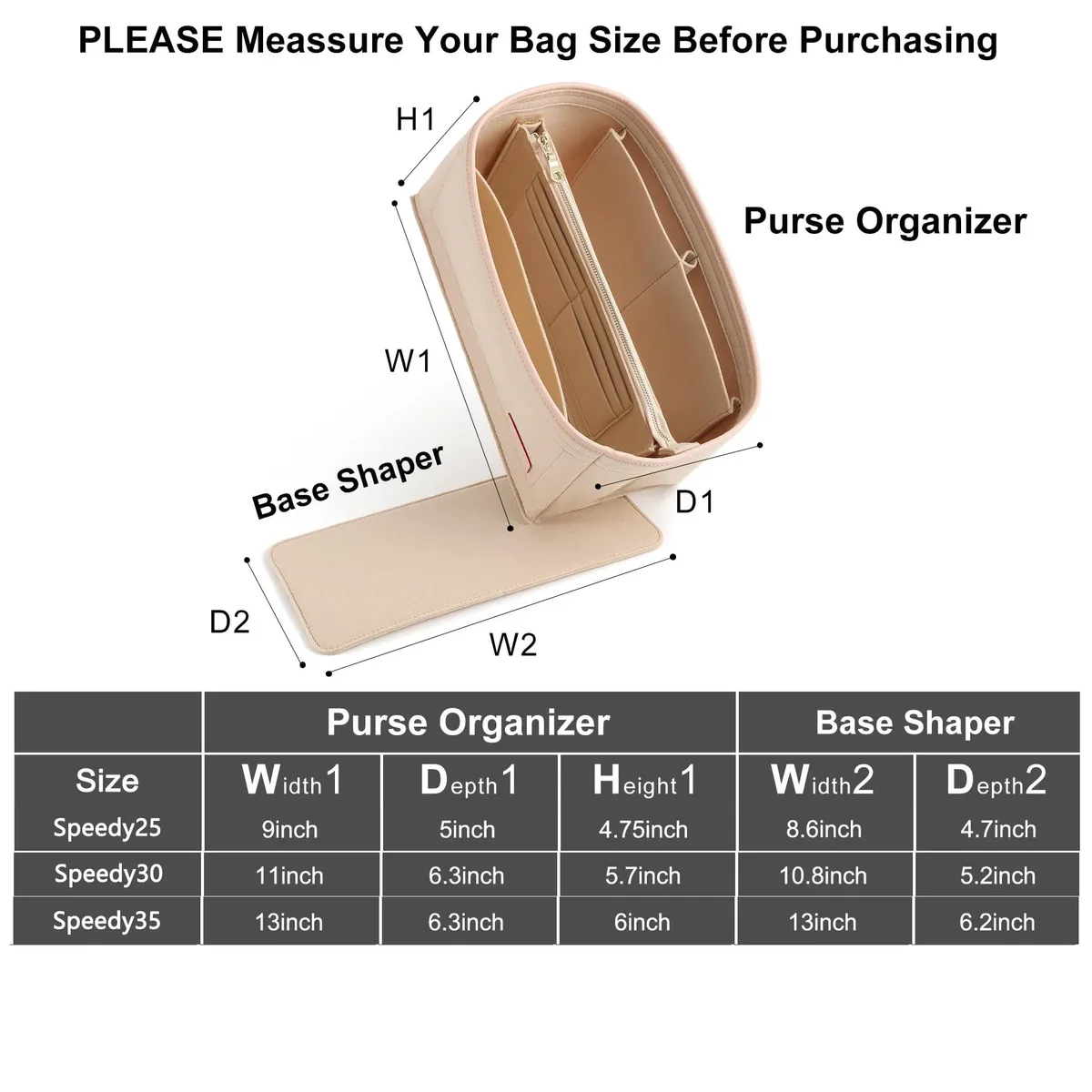 insert organisateur de sac à main pour lv speedy25 30 35, organisateur de sac fourre-tout, séparateur de sac, insert organisateur en feutre, avec fermeture éclair pocke tbag dans le sac