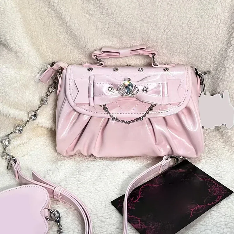 sac sous le bras élégant rose avec nœud et strass, sac à bandoulière plissé style sweet lolita, sac à main portable avec poignée nœud, jolie pochette ita