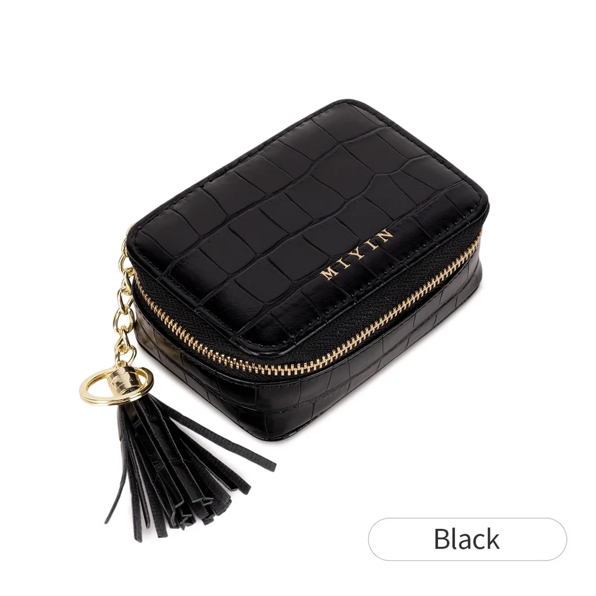 pochette à rouge à lèvres mini portable élégante pour femme, motif crocodile, sac carré à fermeture éclair avec pompon, trousse de maquillage simple couleur unie avec lettre