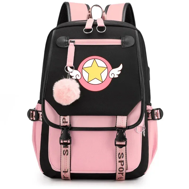 sac dos polyester noir bandes blanches roses poche devant dessin fille ailes étoile portable voyager