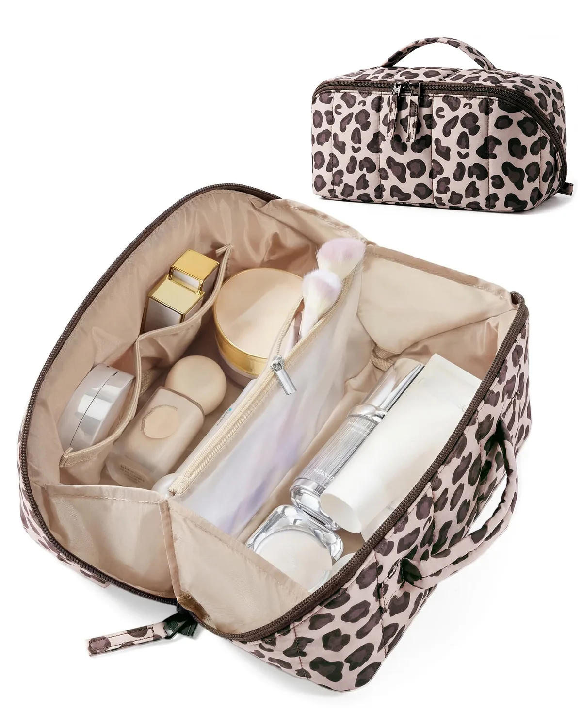 bagsmart trousse de maquillage de voyage matelassée pour femme, ouverture plate, résistante à l'eau, marron, trousse de toilette portable, organiseur de maquillage rembourré