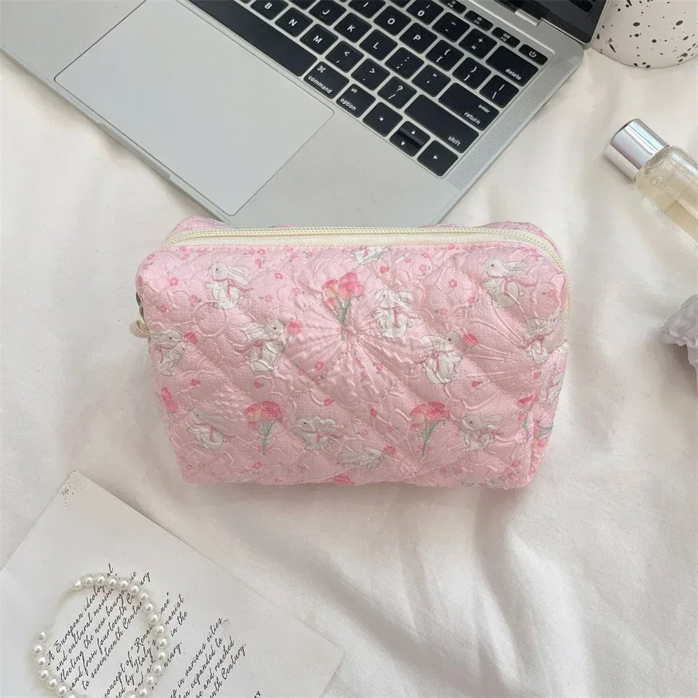 sacs à cosmétiques à brosse carrée de dessin animé mignon, sac de maquillage à fleurs roses pour femmes, organisateur de voyage, pochette à cosmétiques, trousse à crayons pour filles