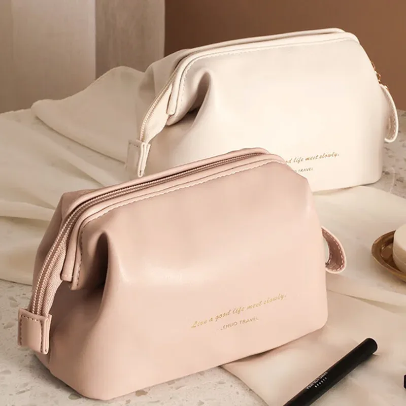 pochette à maquillage élégante en cuir pu, trousse de toilette minimaliste portable pour tous les jours et les voyages