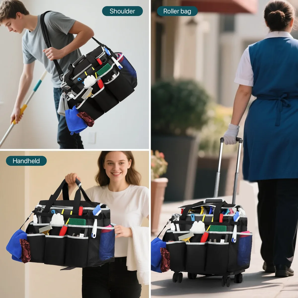 Sac de caddie de nettoyage roulant, sac à outils, sac de rangement d'outils de nettoyage, grand sac de nettoyage Portable professionnel avec roues, sacs Oxford