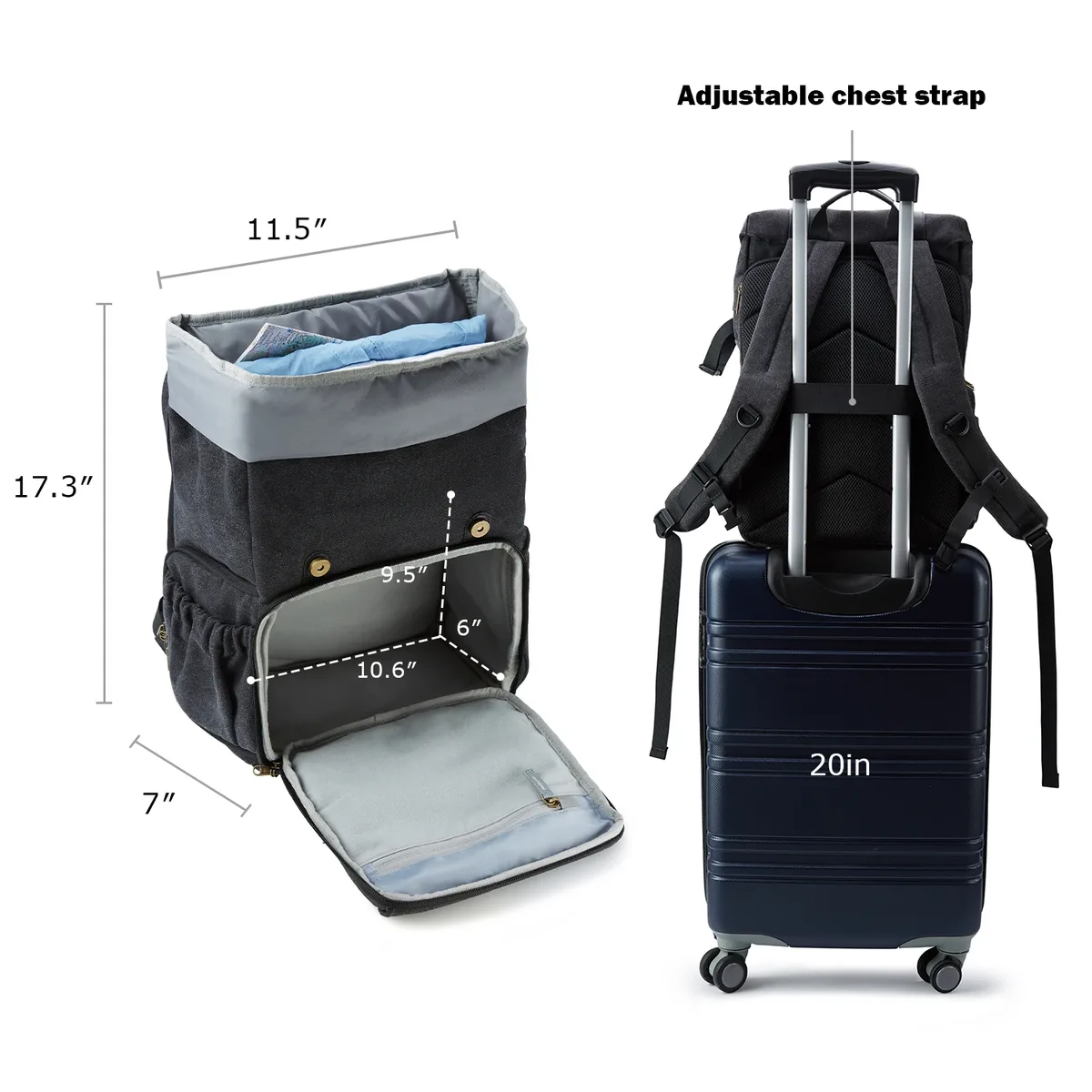 sac dos toile noire bandes grises boucles dorées poche limon cadre externe voyage photo ordinateur portable trépied