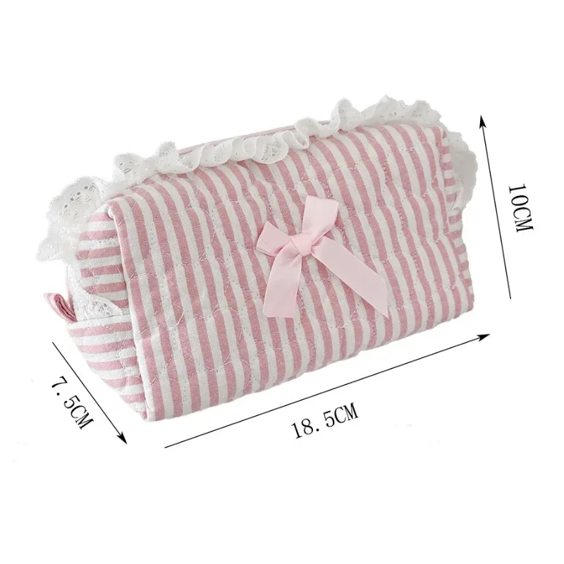sac à cosmétiques rayé avec nœud rose et bleu, pochette de maquillage en dentelle mignonne, sacs de rangement pour organisateur de cosmétiques pour femmes de grande capacité